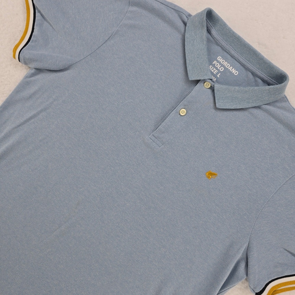 GIORDANO Polo Shirt Mens Size L Blue Frog Logo Short Sleeve Tapered Fit‎